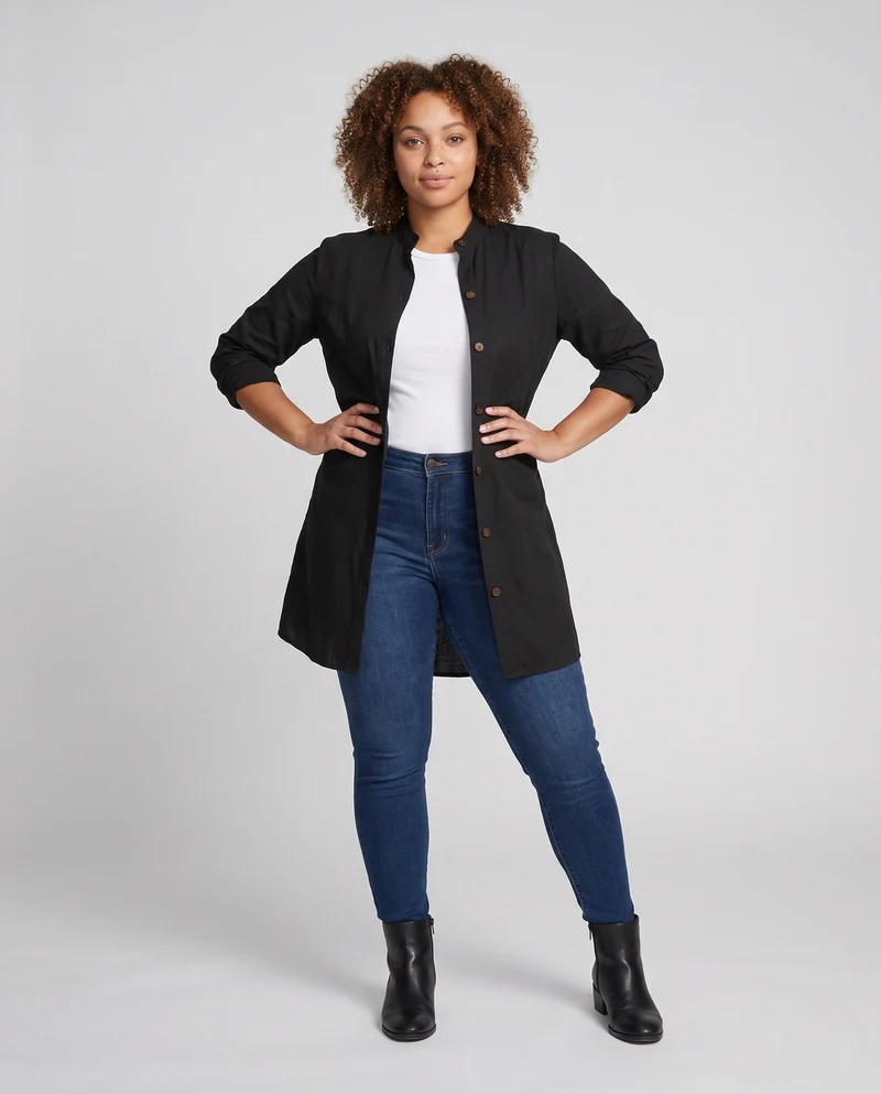 Frauen leichte Leinen-Look lange Jacke mit Stehkragen und Holzknöpfen Nord Taschen