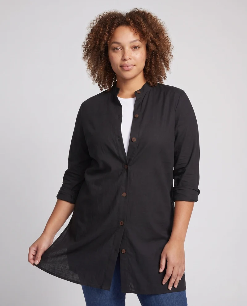 Frauen leichte Leinen-Look lange Jacke mit Stehkragen und Holzknöpfen Nord Taschen