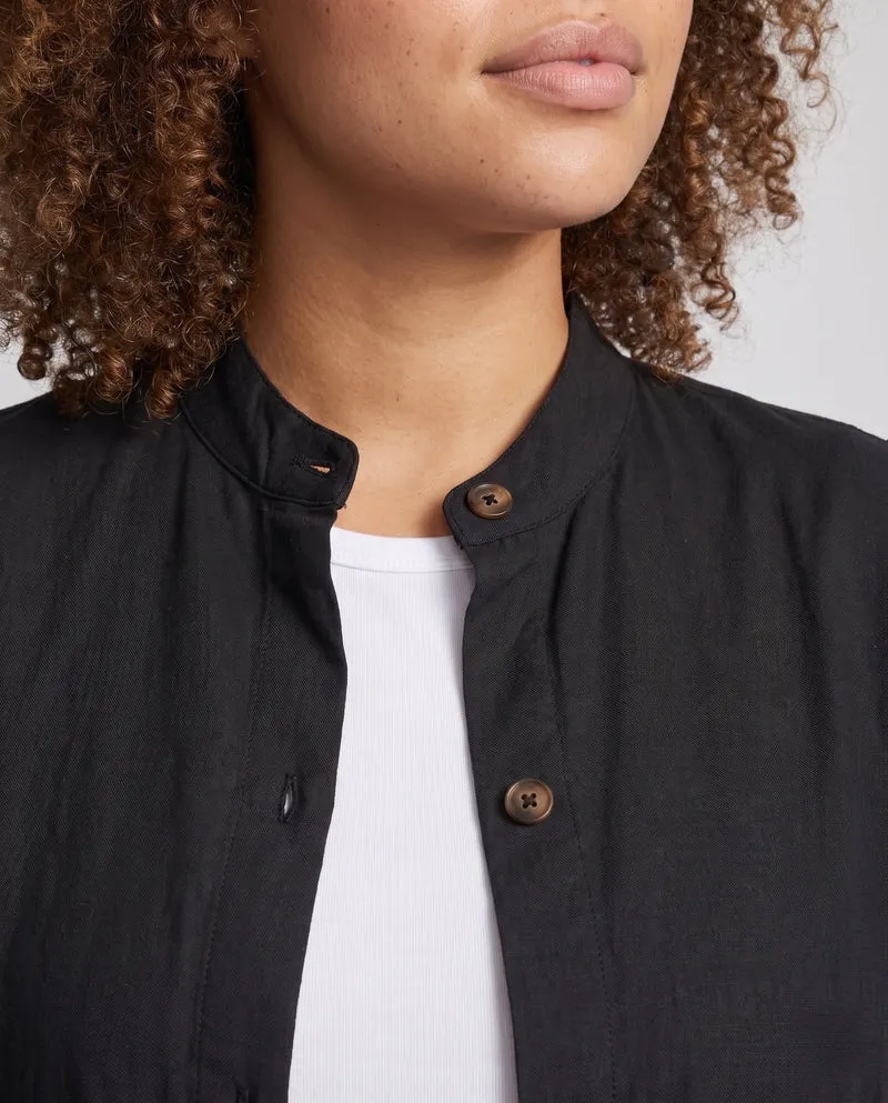 Frauen leichte Leinen-Look lange Jacke mit Stehkragen und Holzknöpfen Nord Taschen