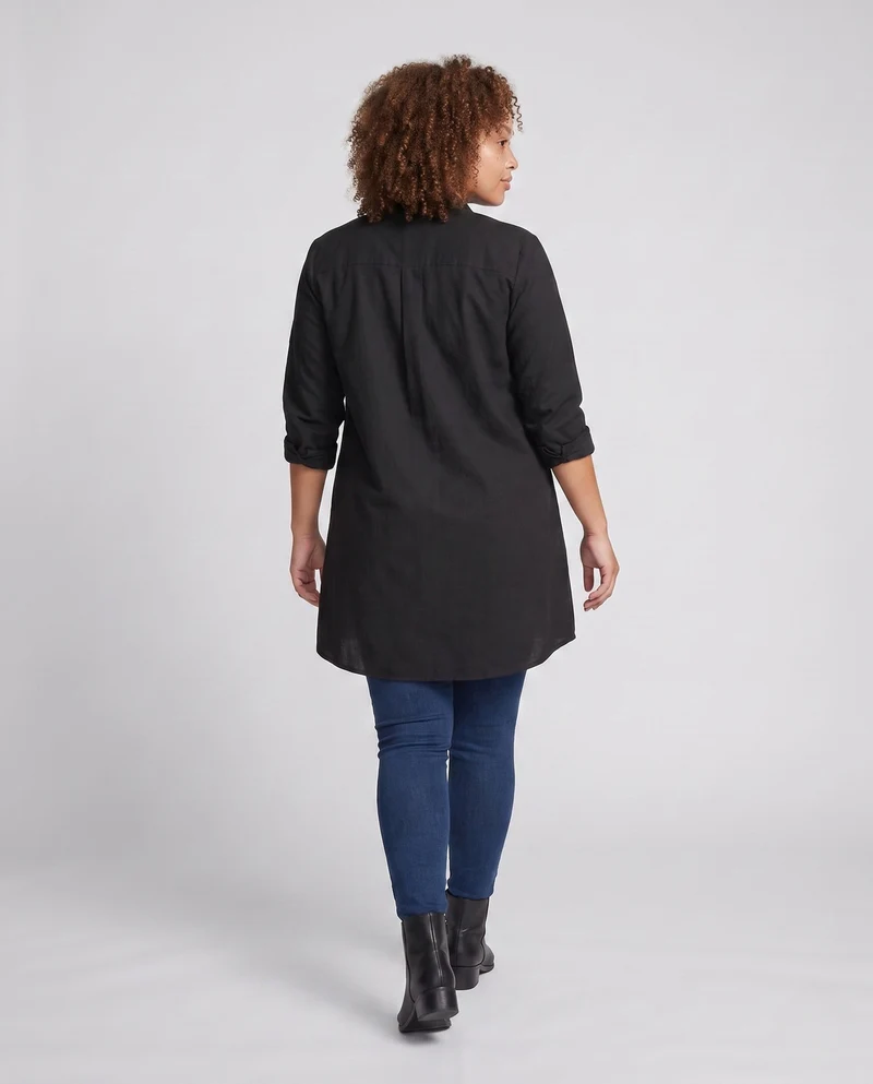 Frauen leichte Leinen-Look lange Jacke mit Stehkragen und Holzknöpfen Nord Taschen