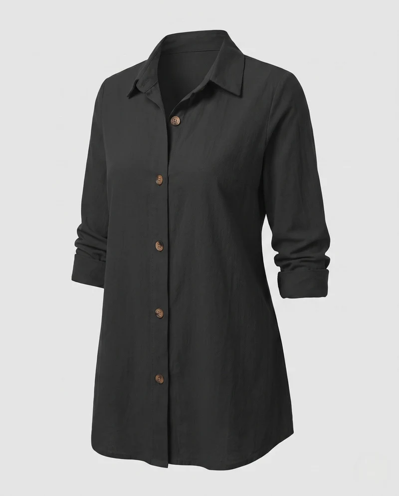 Frauen leichte Leinen-Look lange Jacke mit Stehkragen und Holzknöpfen Nord Taschen
