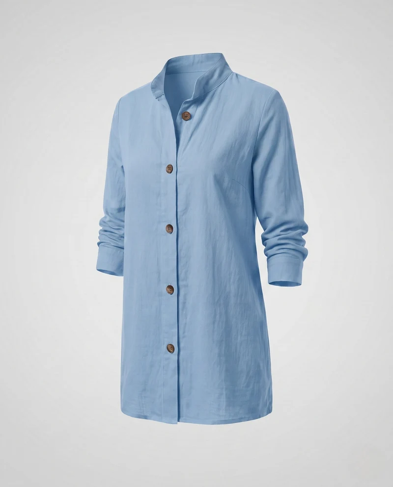 Frauen leichte Leinen-Look lange Jacke mit Stehkragen und Holzknöpfen Nord Taschen