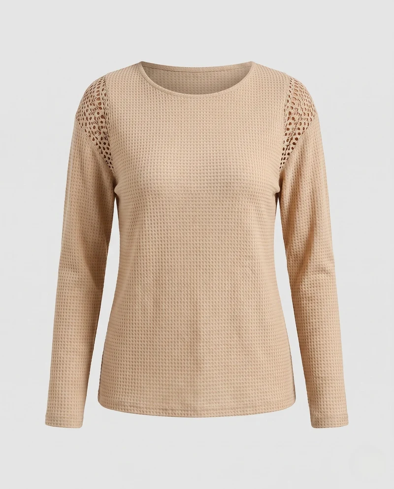 Damen Leichter Waffelstrickpullover mit Rundhalsausschnitt und Häkel-Schulterdetails Nord Taschen