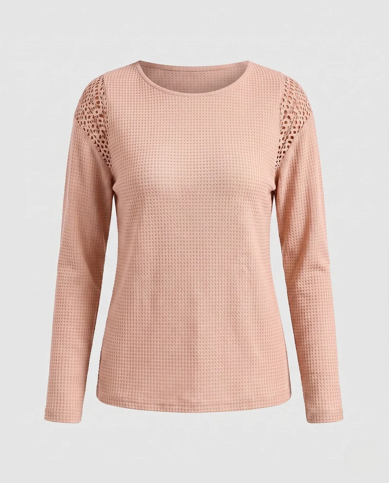 Damen Leichter Waffelstrickpullover mit Rundhalsausschnitt und Häkel-Schulterdetails Nord Taschen