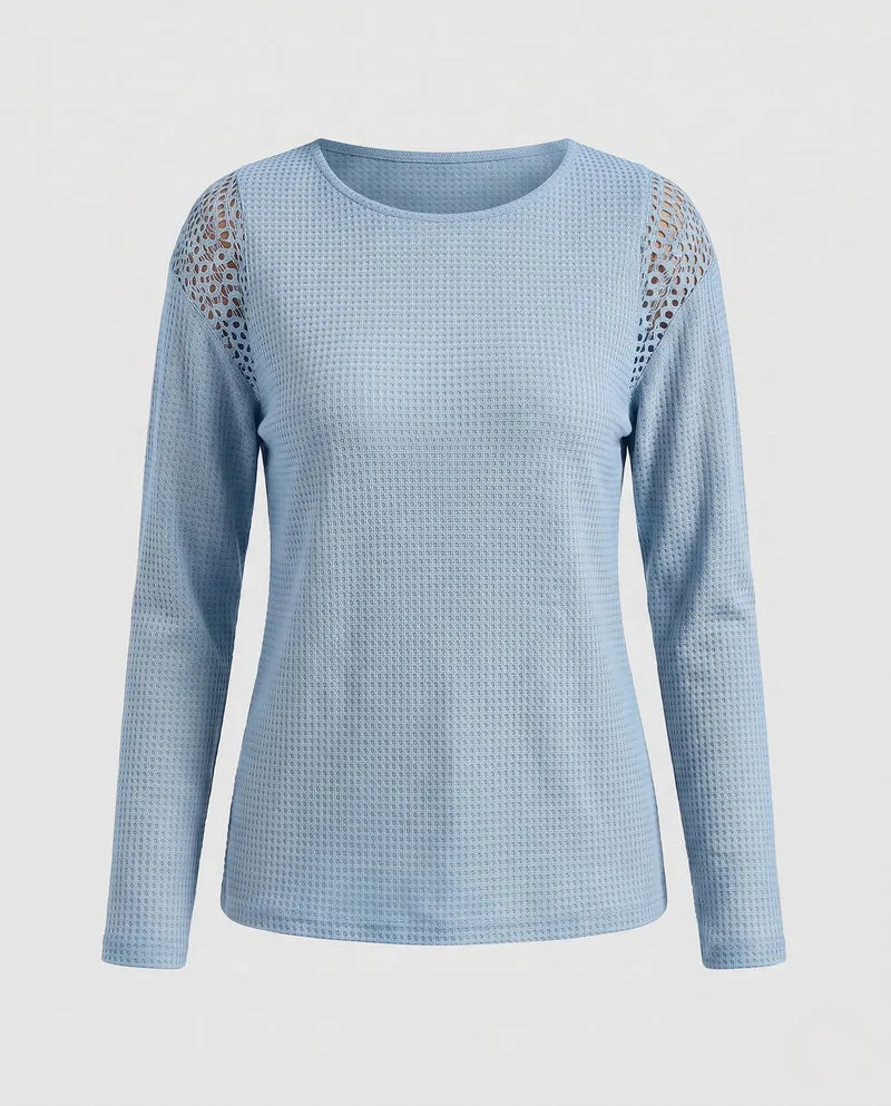 Damen Leichter Waffelstrickpullover mit Rundhalsausschnitt und Häkel-Schulterdetails Nord Taschen