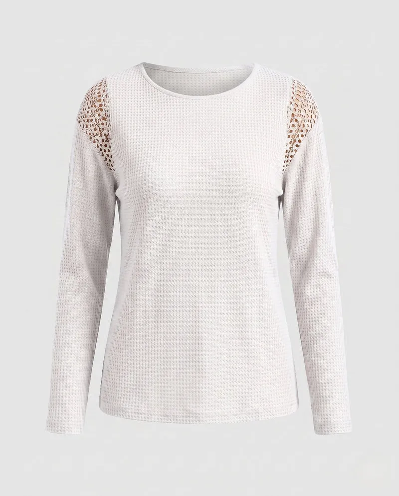 Damen Leichter Waffelstrickpullover mit Rundhalsausschnitt und Häkel-Schulterdetails Nord Taschen