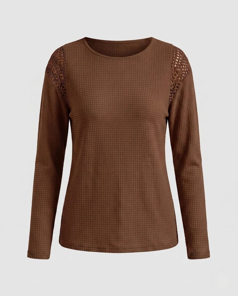 Damen Leichter Waffelstrickpullover mit Rundhalsausschnitt und Häkel-Schulterdetails Nord Taschen
