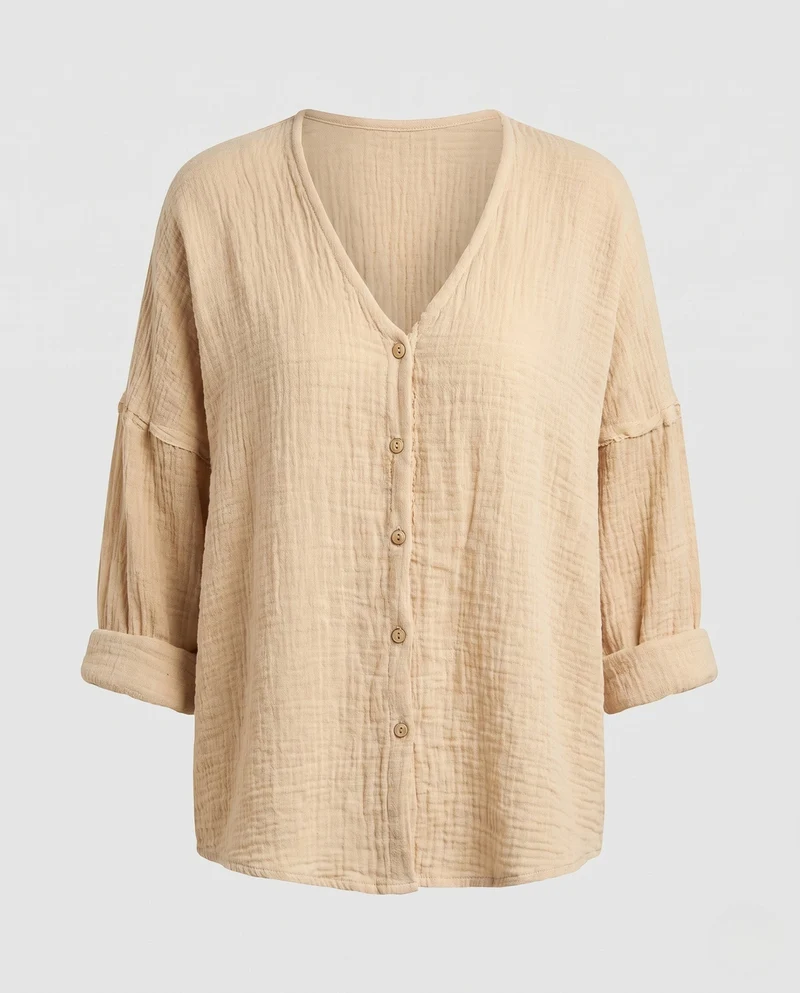 Damen leichte Baumwollgaze-Bluse mit V-Ausschnitt, durchgehender Knopfleiste und oversized Schnitt Nord Taschen