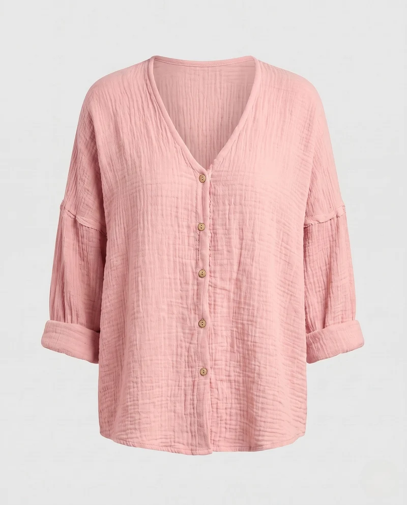 Damen leichte Baumwollgaze-Bluse mit V-Ausschnitt, durchgehender Knopfleiste und oversized Schnitt Nord Taschen