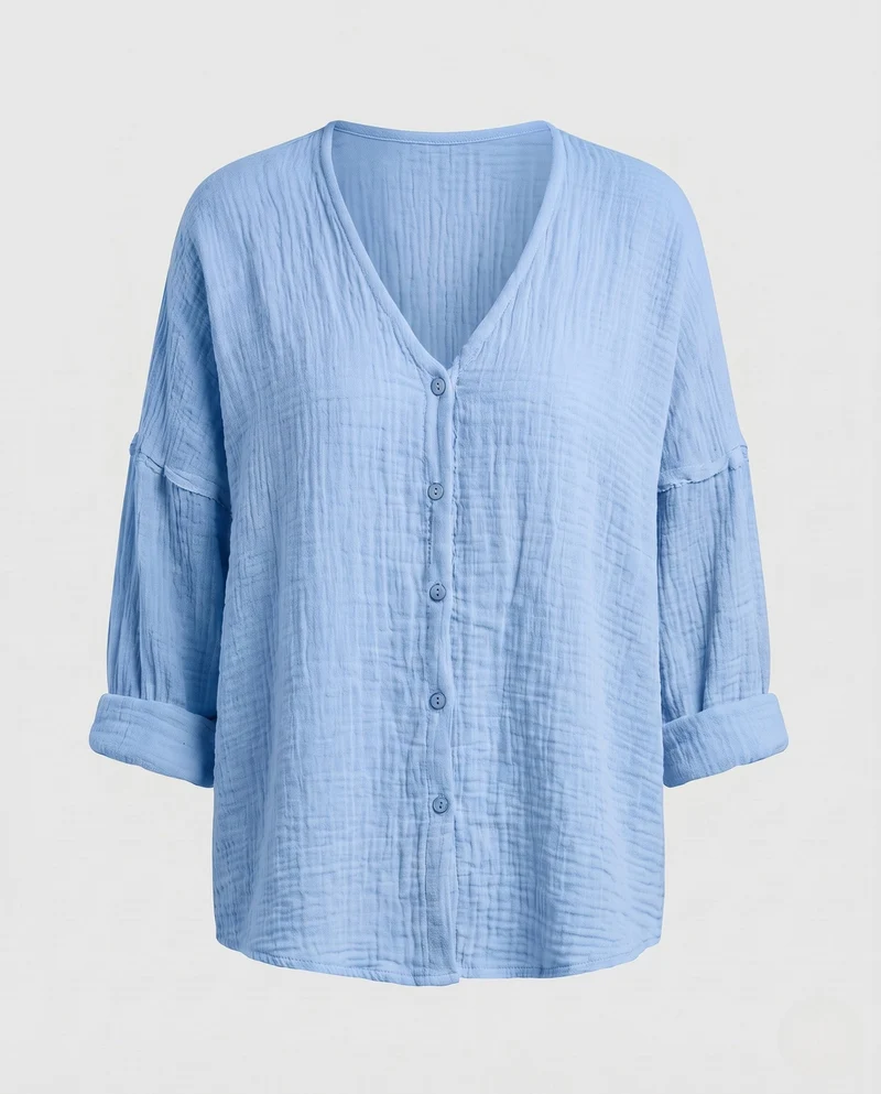 Damen leichte Baumwollgaze-Bluse mit V-Ausschnitt, durchgehender Knopfleiste und oversized Schnitt Nord Taschen