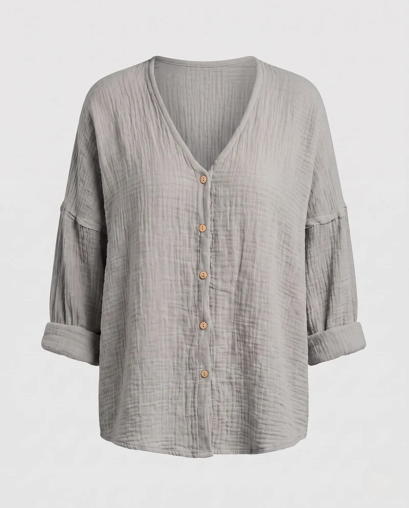 Damen leichte Baumwollgaze-Bluse mit V-Ausschnitt, durchgehender Knopfleiste und oversized Schnitt Nord Taschen