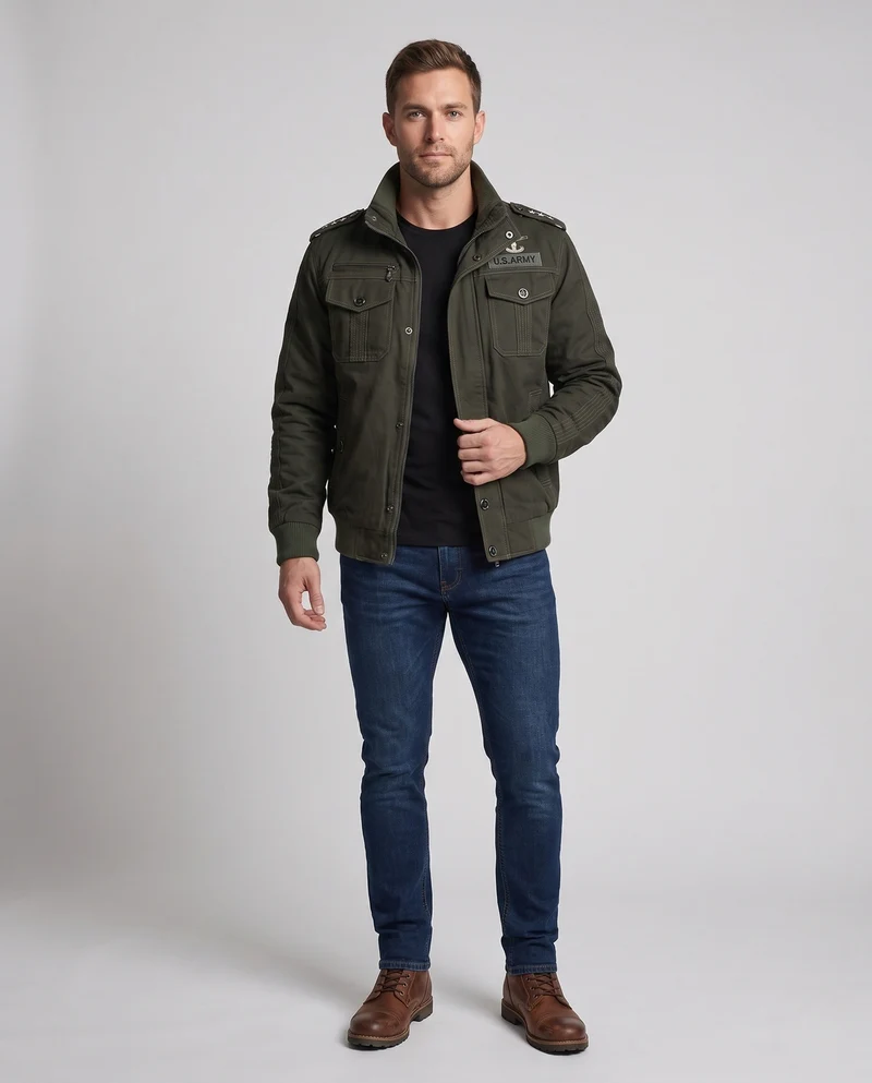 Herren Baumwollfeldjacke im militärischen Stil mit Stehkragen, Schulterklappen und mehreren Taschen Nord Taschen