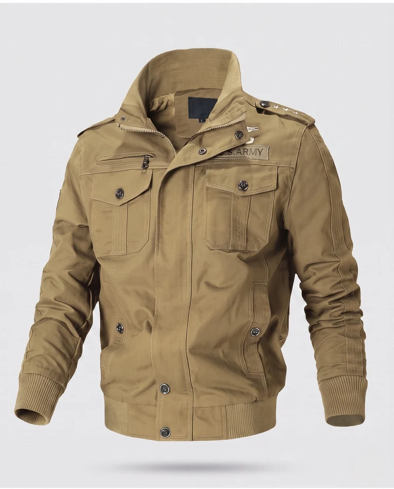 Herren Baumwollfeldjacke im militärischen Stil mit Stehkragen, Schulterklappen und mehreren Taschen Nord Taschen