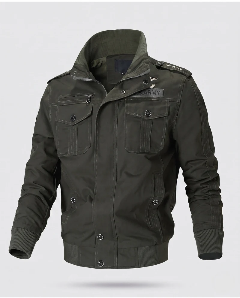 Herren Baumwollfeldjacke im militärischen Stil mit Stehkragen, Schulterklappen und mehreren Taschen Nord Taschen