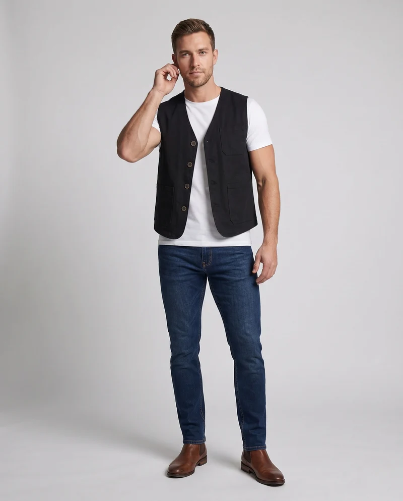 Herren Baumwoll-Canvas-Weste mit V-Ausschnitt und multifunktionalen Taschen Nord Taschen