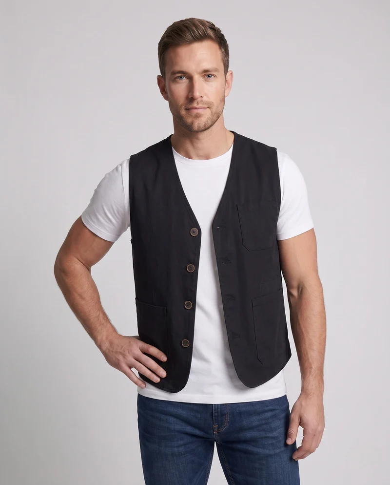 Herren Baumwoll-Canvas-Weste mit V-Ausschnitt und multifunktionalen Taschen Nord Taschen