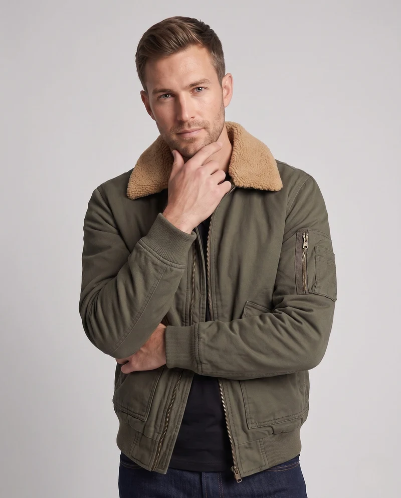 Herren Aviator Bomber aus strapazierfähigem Canvas mit Teddy-Futter und Utility-Tasche am Ärmel Nord Taschen