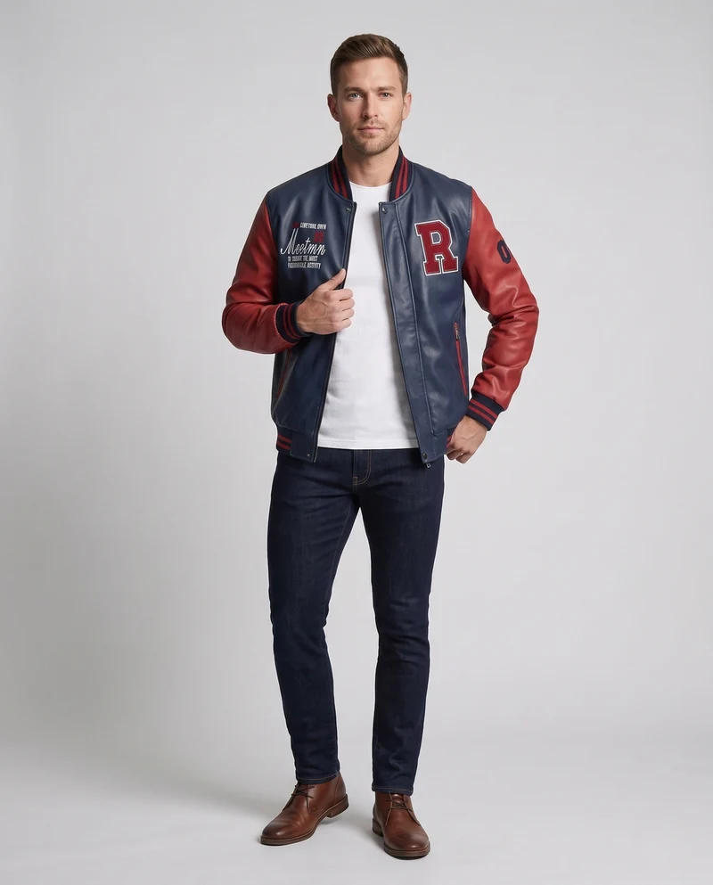 Herren Faux-Leder College Bomberjacke mit gesticktem Patch und Rippbündchen Nord Taschen