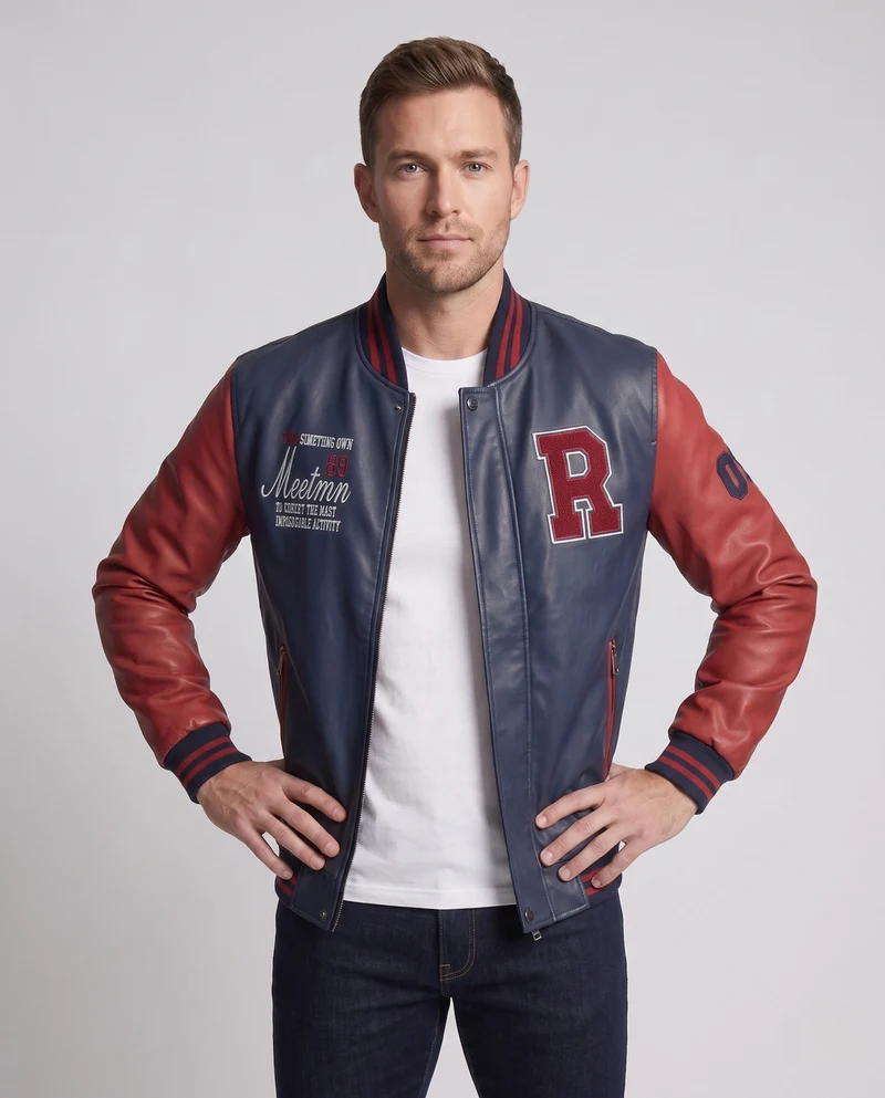 Herren Faux-Leder College Bomberjacke mit gesticktem Patch und Rippbündchen Nord Taschen