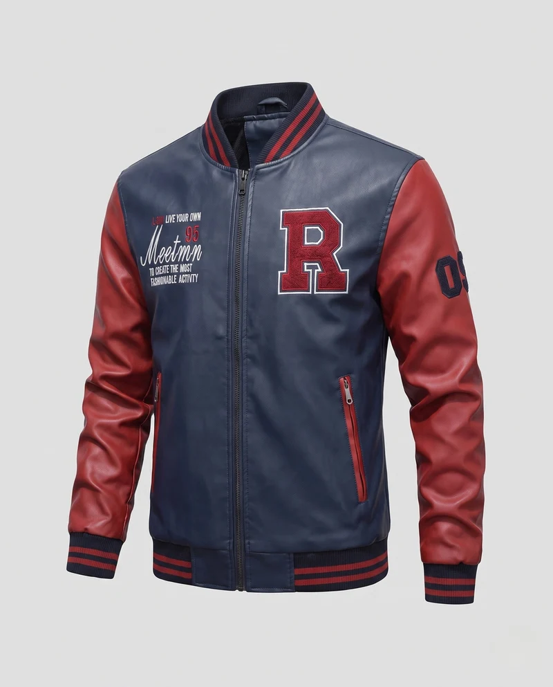 Herren Faux-Leder College Bomberjacke mit gesticktem Patch und Rippbündchen Nord Taschen
