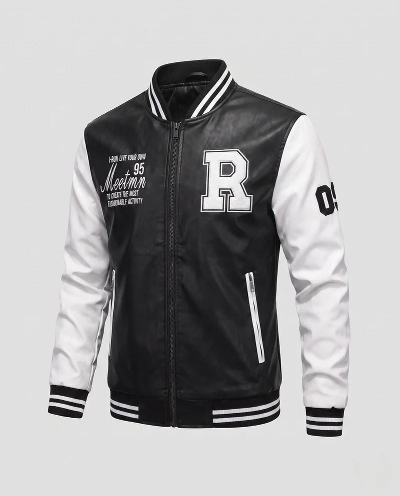 Herren Faux-Leder College Bomberjacke mit gesticktem Patch und Rippbündchen Nord Taschen