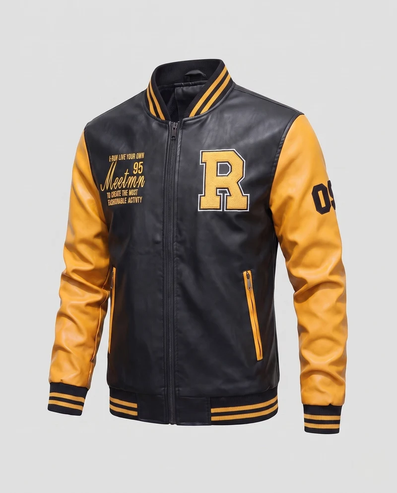 Herren Faux-Leder College Bomberjacke mit gesticktem Patch und Rippbündchen Nord Taschen