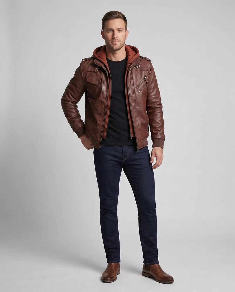 Herren Kunstleder Bomberjacke mit Camouflage-Muster und integrierter Hoodie-Innenlage Nord Taschen
