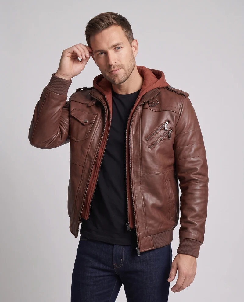 Herren Kunstleder Bomberjacke mit Camouflage-Muster und integrierter Hoodie-Innenlage Nord Taschen
