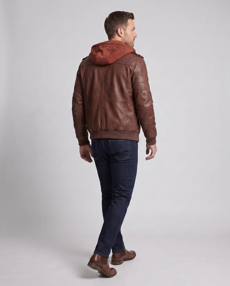 Herren Kunstleder Bomberjacke mit Camouflage-Muster und integrierter Hoodie-Innenlage Nord Taschen