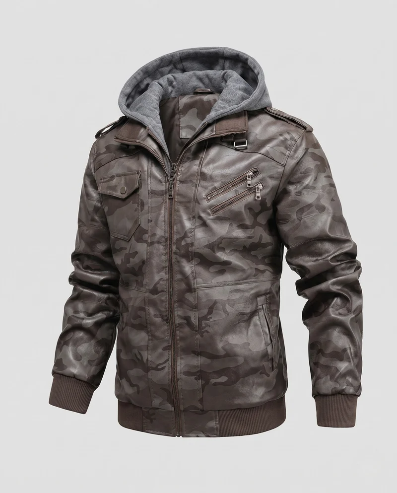 Herren Kunstleder Bomberjacke mit Camouflage-Muster und integrierter Hoodie-Innenlage Nord Taschen