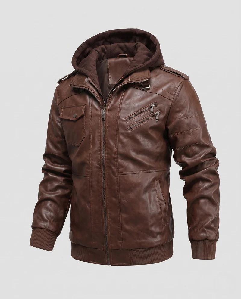 Herren Kunstleder Bomberjacke mit Camouflage-Muster und integrierter Hoodie-Innenlage Nord Taschen