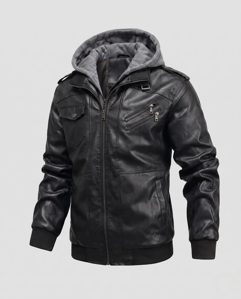 Herren Kunstleder Bomberjacke mit Camouflage-Muster und integrierter Hoodie-Innenlage Nord Taschen