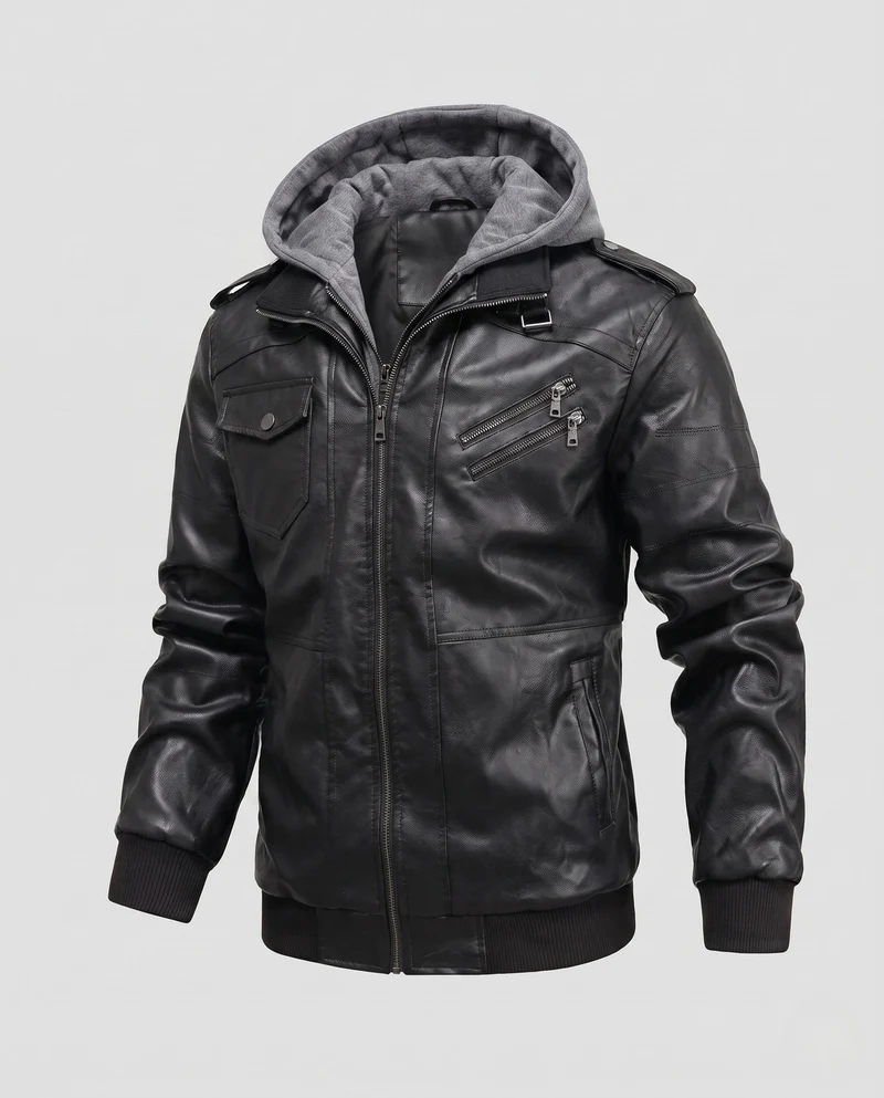 Herren Kunstleder Bomberjacke mit Camouflage-Muster und integrierter Hoodie-Innenlage Nord Taschen