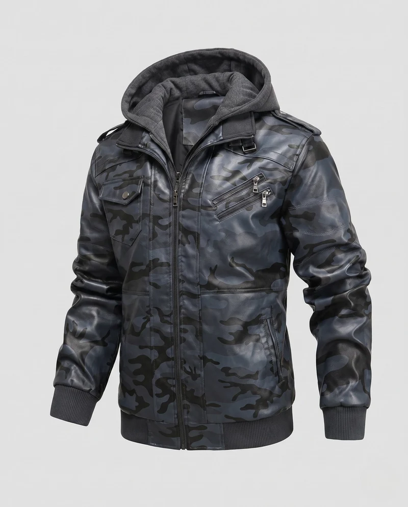 Herren Kunstleder Bomberjacke mit Camouflage-Muster und integrierter Hoodie-Innenlage Nord Taschen