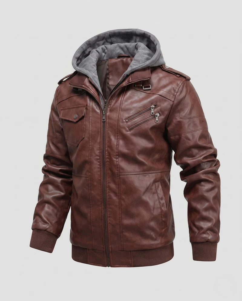 Herren Kunstleder Bomberjacke mit Camouflage-Muster und integrierter Hoodie-Innenlage Nord Taschen