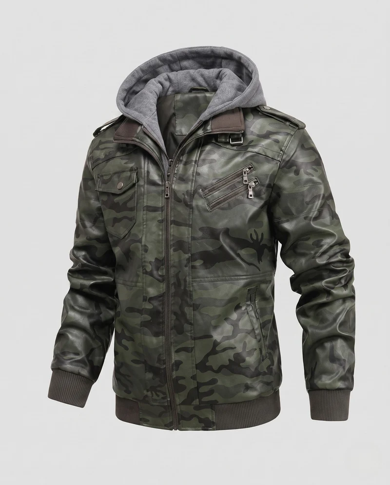 Herren Kunstleder Bomberjacke mit Camouflage-Muster und integrierter Hoodie-Innenlage Nord Taschen