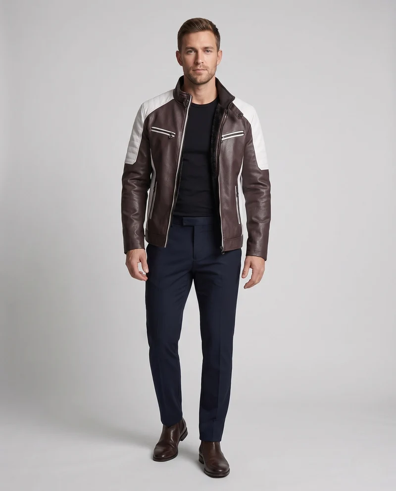 Männer Kunstleder Bikerjacke mit Teddyfutter, Stehkragen und dekorativem Riemen Nord Taschen