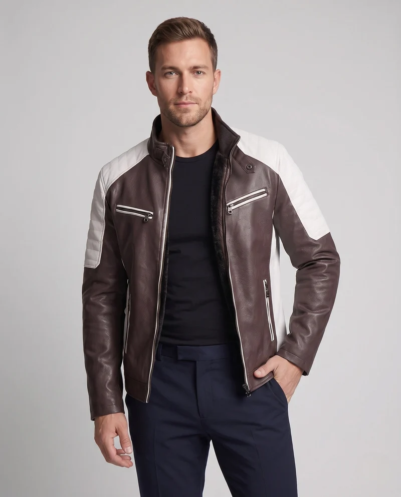 Männer Kunstleder Bikerjacke mit Teddyfutter, Stehkragen und dekorativem Riemen Nord Taschen