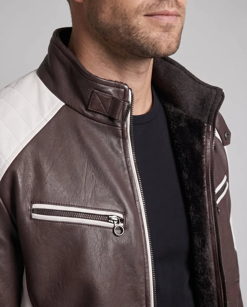 Männer Kunstleder Bikerjacke mit Teddyfutter, Stehkragen und dekorativem Riemen Nord Taschen