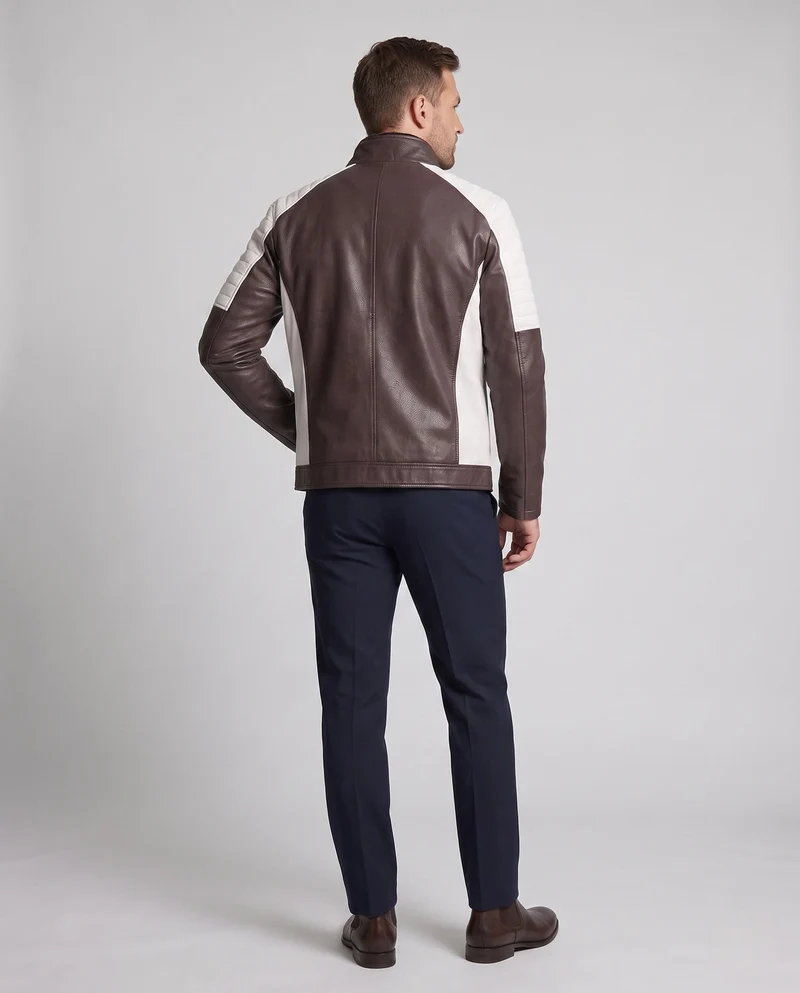 Männer Kunstleder Bikerjacke mit Teddyfutter, Stehkragen und dekorativem Riemen Nord Taschen