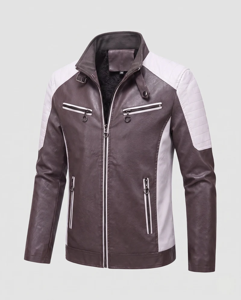 Männer Kunstleder Bikerjacke mit Teddyfutter, Stehkragen und dekorativem Riemen Nord Taschen