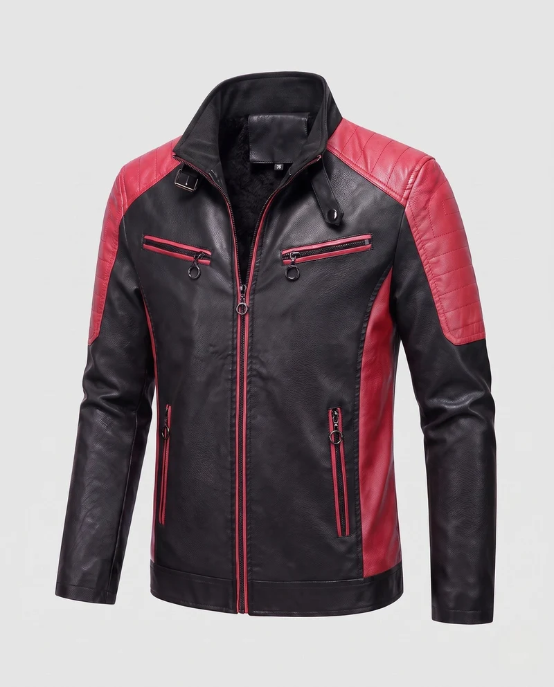 Männer Kunstleder Bikerjacke mit Teddyfutter, Stehkragen und dekorativem Riemen Nord Taschen