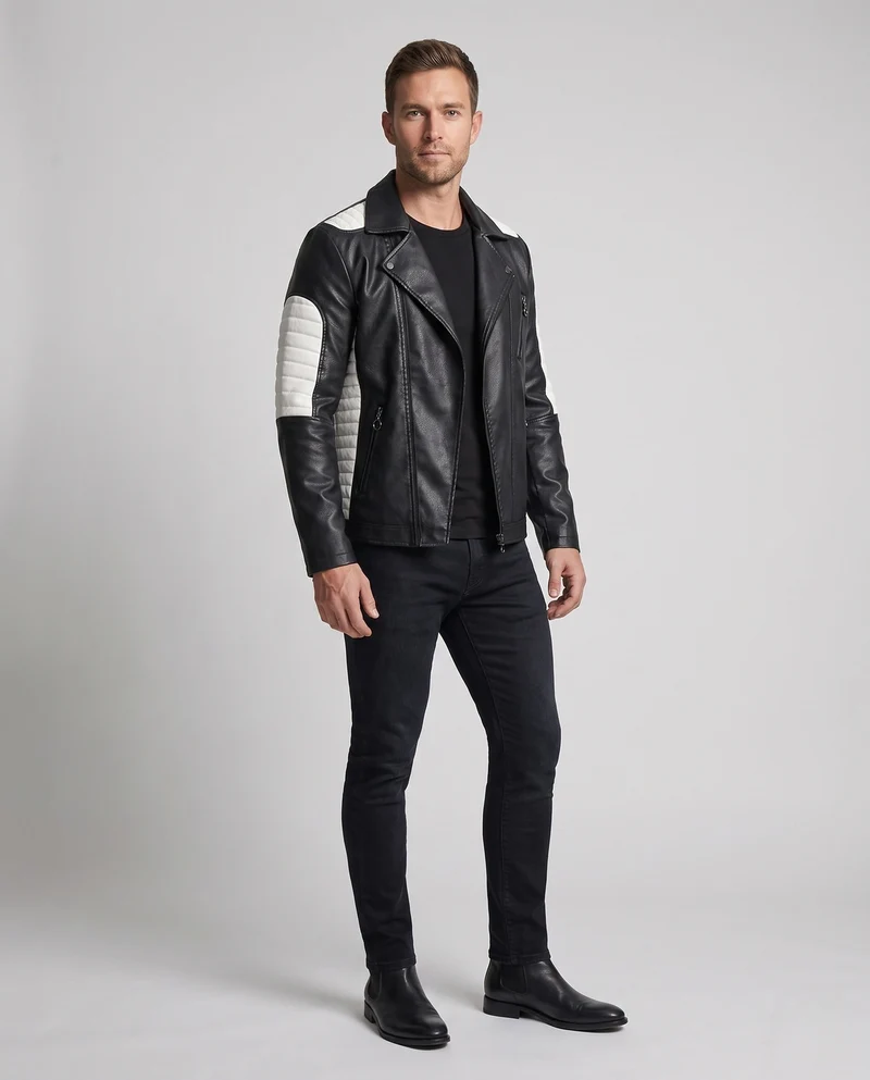 Herren Faux-Leder Bikerjacke mit gesteppter Schulter- und Ärmelverzierung und thermischer Fütterung Nord Taschen