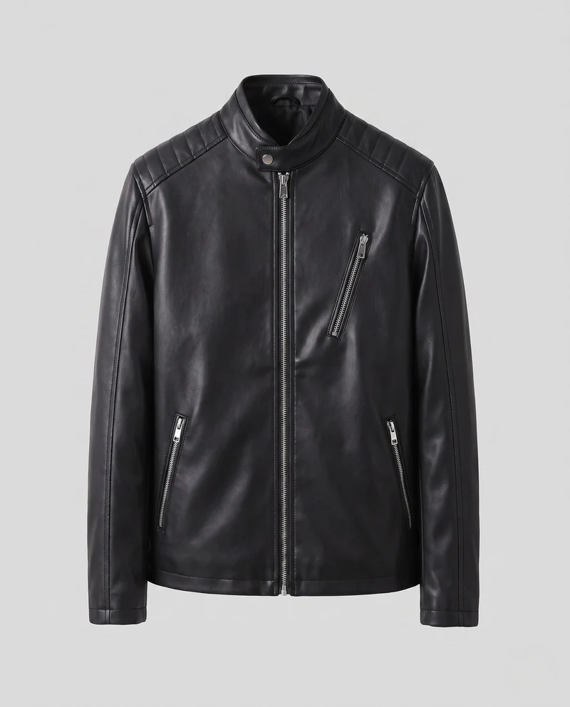 Herren Kunstleder Bikerjacke im Slim Fit mit Stehkragen und Reißverschluss-Taschen Nord Taschen
