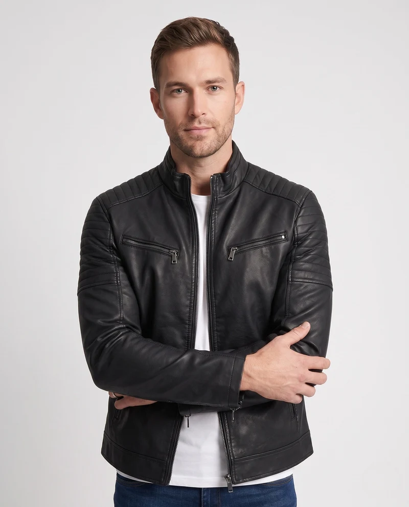 Herren Kunstleder Bikerjacke mit gesteppten Schultern und Stehkragen Nord Taschen