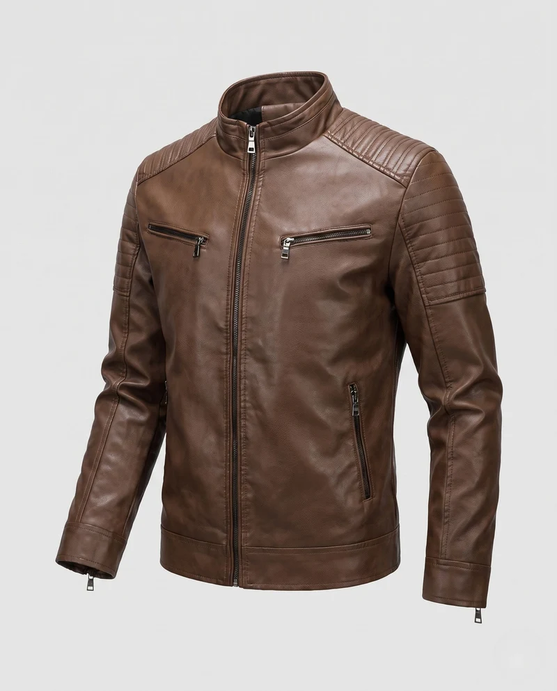 Herren Kunstleder Bikerjacke mit gesteppten Schultern und Stehkragen Nord Taschen