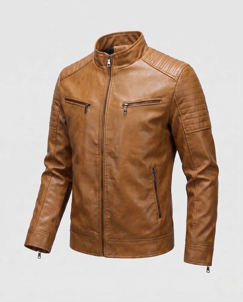 Herren Kunstleder Bikerjacke mit gesteppten Schultern und Stehkragen Nord Taschen