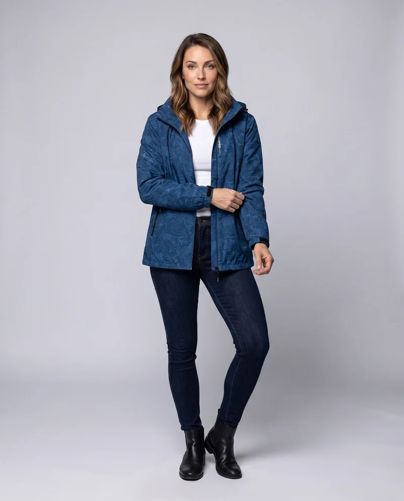 Damen leichte wasserabweisende Kapuzenjacke mit floralem Blätterdruck und verstellbarer Kapuze Nord Taschen