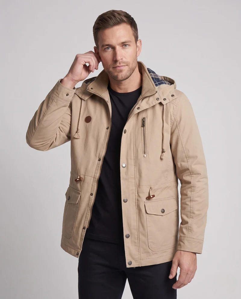 Leichte Herren-Hoodie-Canvas-Parka mit Kordelzug, Klapptaschen und Reißverschluss-Brusttasche Nord Taschen