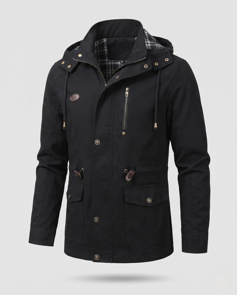 Leichte Herren-Hoodie-Canvas-Parka mit Kordelzug, Klapptaschen und Reißverschluss-Brusttasche Nord Taschen